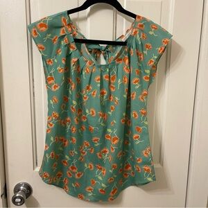 LC Lauren Conrad Green Blouse with Orange Floral Pattern